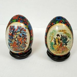 Vintage Chinese Hand Painted Porcelain Eggs Set of 2 Asian Decor Collectible